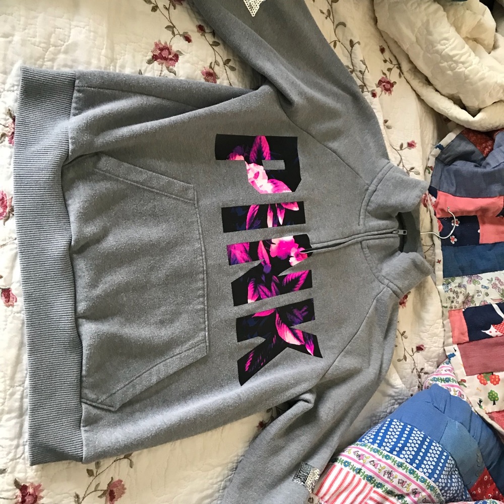 Vs pink floral bling quarter zip sweatshirt
